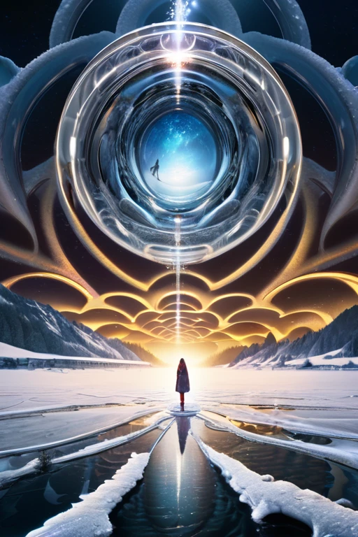 High-resolution wallpapers,  arcs and metallic chains of light shining on the frozen surface of the lake ,  top view photo with a style like a movie poster and high clarity,   that turns the womb inside out, Unpleasant,  horror, Scary look,  super high res, 8k resolution, Balanced,  high dynamic range color ,  strong highlights 