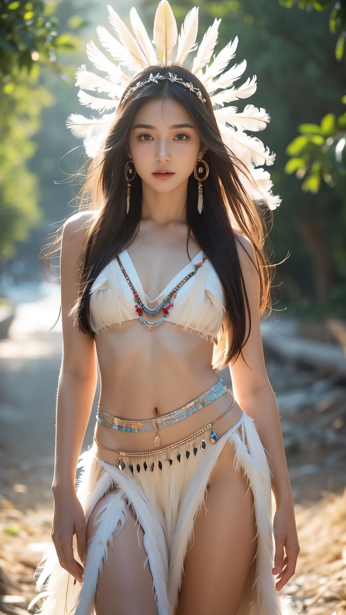 ((Wearing a chief cosplay costume、Playing guitar、The background is full of studio equipment、whole body、real skin、Beautiful woman smiling a little(((CG photo image)))、Japanese、wearing an Indian feather headdress))