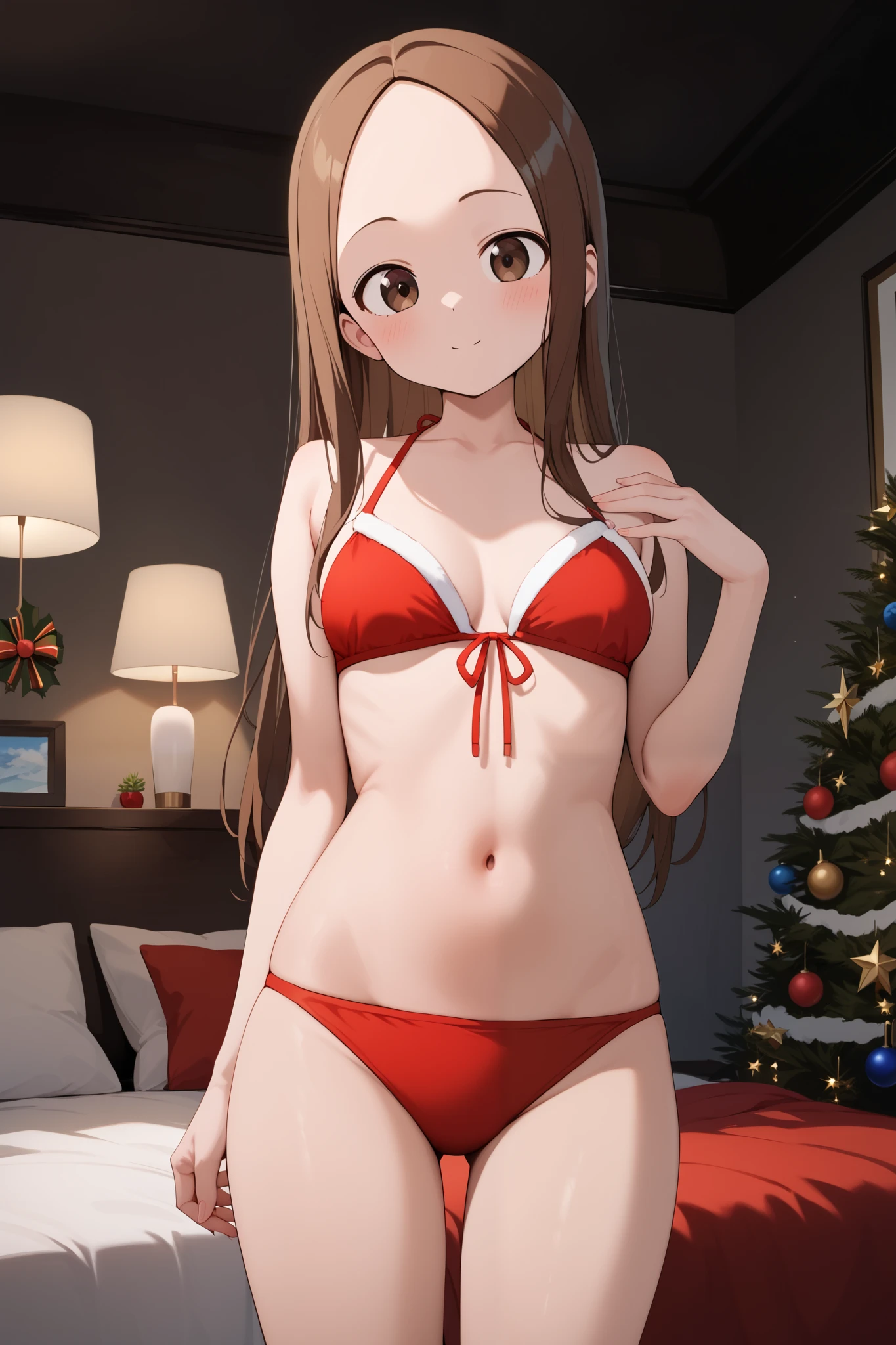 NSFW,masterpiece, top quality , high res, very detailed,Takagi\(からかい上手のTakagi\), long hair、Brown Hair、 split bangs,Forehead、clavicle,Santa Bikini, luxury room , Christmas