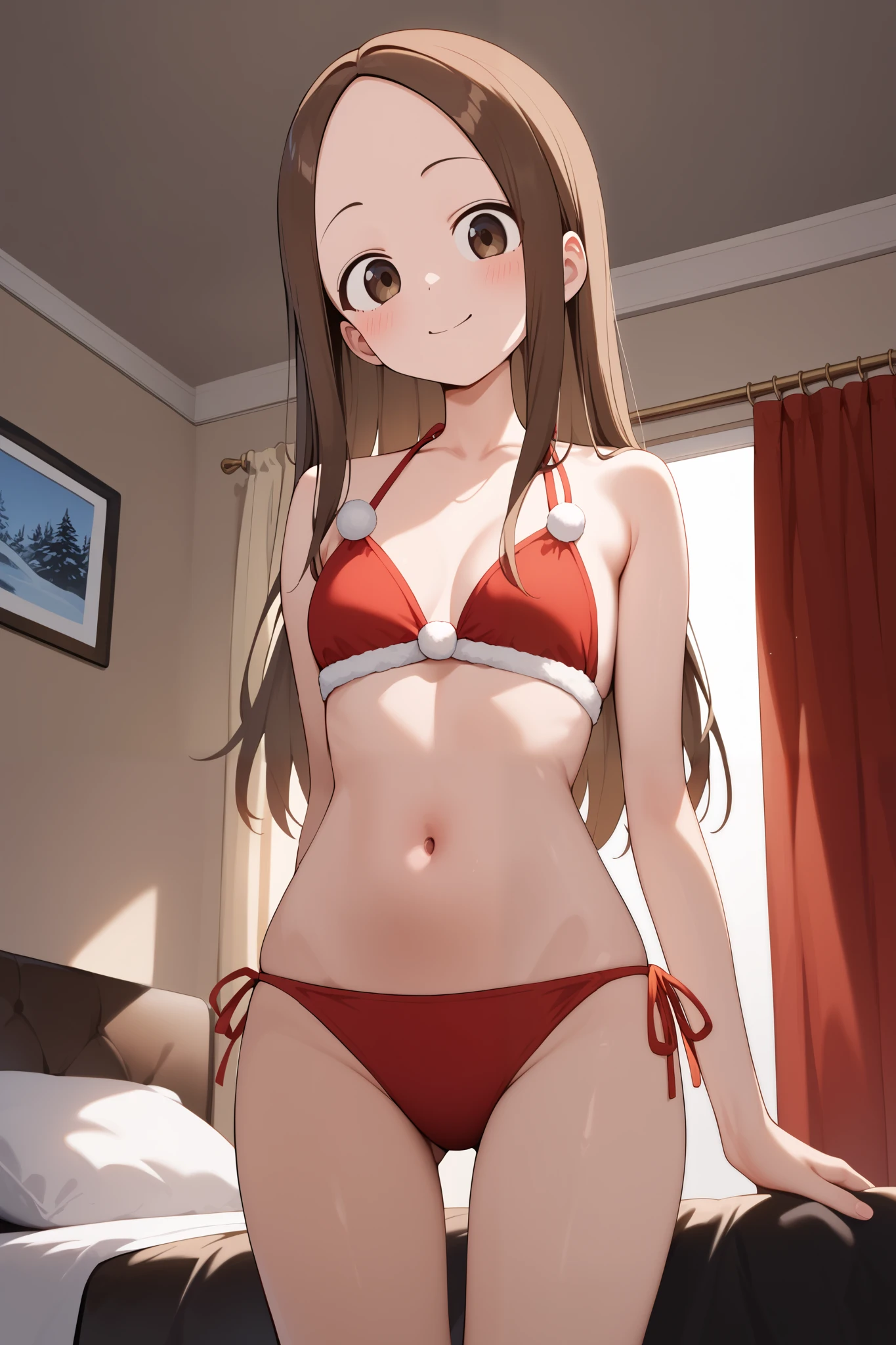 NSFW,masterpiece, top quality , high res, very detailed,Takagi\(からかい上手のTakagi\), long hair、Brown Hair、 split bangs,Forehead、clavicle,Santa Bikini, luxury room , Christmas
