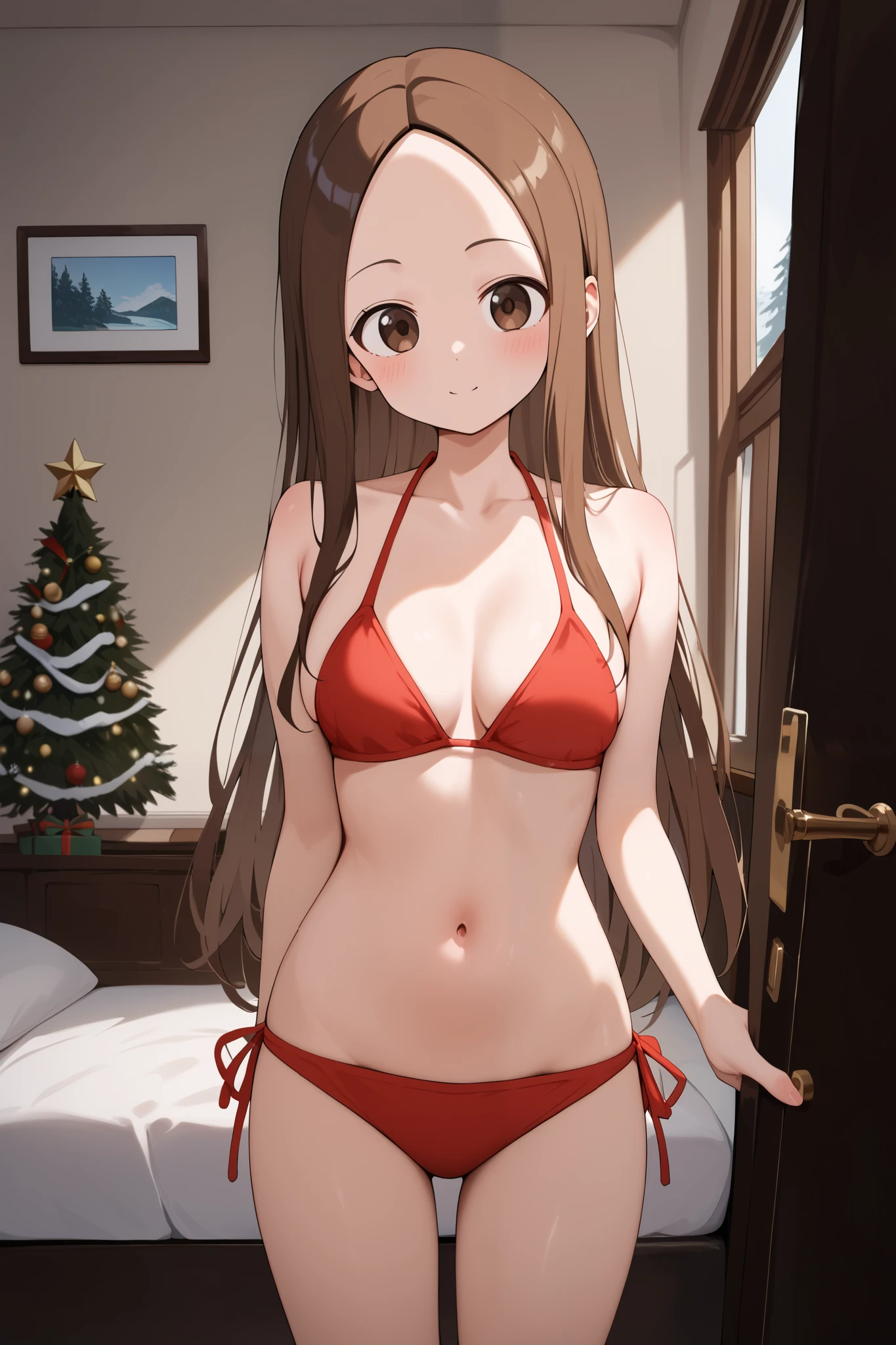 NSFW,masterpiece, top quality , high res, very detailed,Takagi\(からかい上手のTakagi\), long hair、Brown Hair、 split bangs,Forehead、clavicle,Santa Bikini, luxury room , Christmas