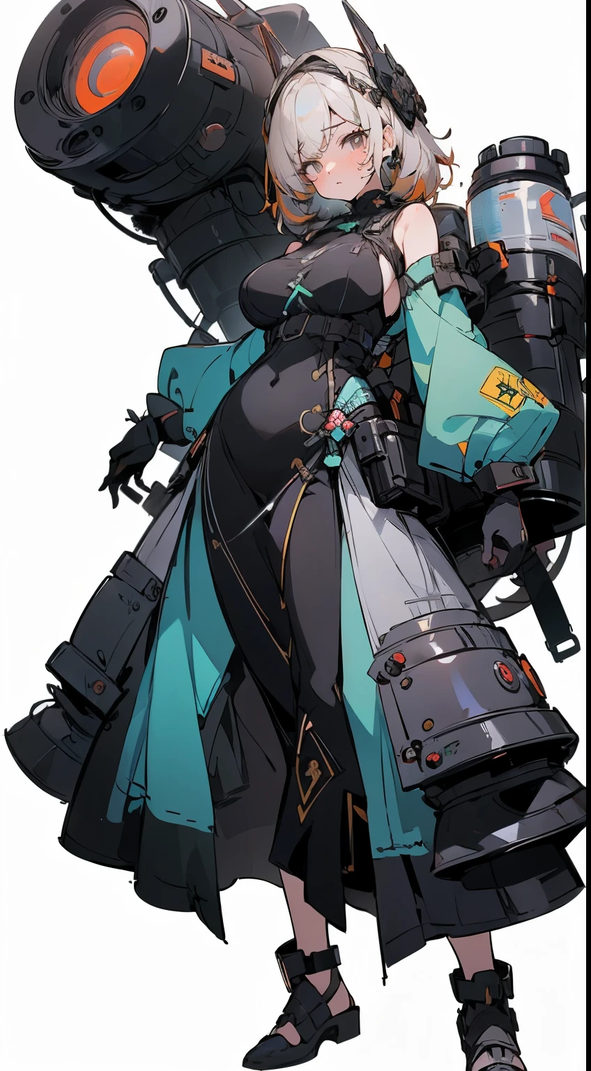 (masterpiece:1.2),8k, beautiful, high quality,
(full-length photograph:1.2)、((white background:1.6)),(Flat Illustration Art:1.2), (poster art:1.2),(Ultra-definitive game CG), CG animation, Character setting painting,Original character reference sheet adoptable,score_9,score_8_up, score_7_up, score_6_up, score_5_up, precise details, animation,
tanned girl, ((angry face)),
blue eyes, (yellow hair:1.5), (black long dress:1.9),
(makeup lipstick eyeliner mascara eyeshadow:1.1) dark skin, Mole under the eye, Rings, Necklaces, (large breasts:1.7),
emale, (holding large laser lens cannon), glasses girl, heavy equipment, full body armor, armor girl, mobile suit style, purple like clothes,