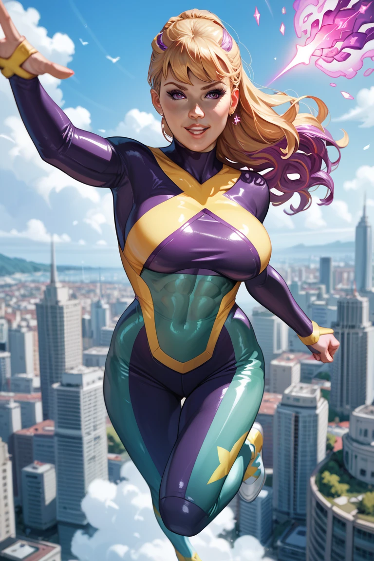 Jean grey, tight suit,flying over the city,detailled abs,big breast,purple power aura,detailled face