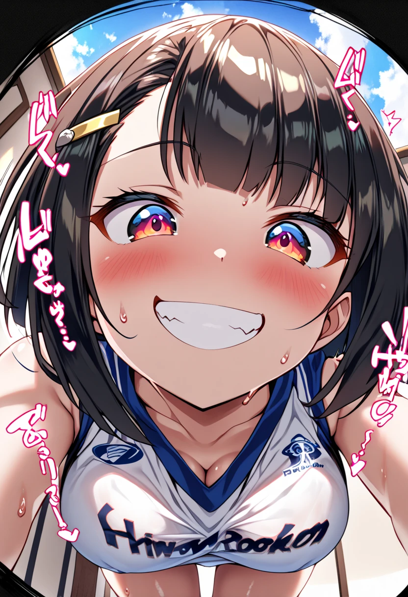 One Girl、basketball uniform、One Curl Bob Cut, Highest quality、Sweaty body、Obscene sound effects、Japanese Moans、Big Breasts、Surprised、(Show your forehead)、hairpin、(View from below:1.5)、(grin:1.3)、(forward-bent posture)、(erotic room)、(Fisheye lens effect:1.3)