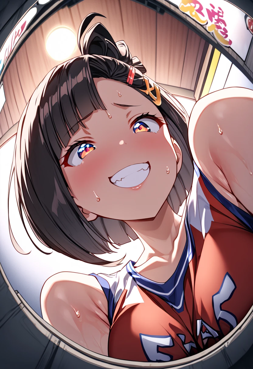 One Girl、basketball uniform、One Curl Bob Cut, Highest quality、Sweaty body、Obscene sound effects、Japanese Moans、Big Breasts、Surprised、(Show your forehead)、hairpin、(View from below:1.5)、(grin:1.3)、(forward-bent posture)、(erotic room)、(Fisheye lens effect:1.3)