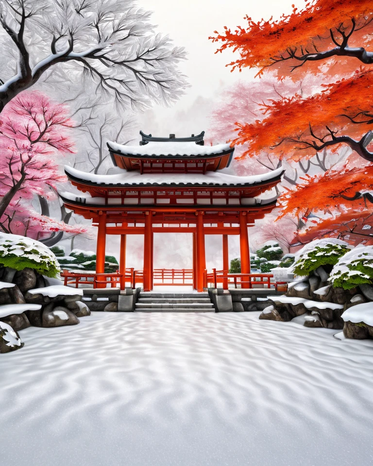 A captivating artwork combining the beauty of Japan's four seasons into a single image. The scene includes a serene Japanese garden with vibrant cherry blossoms representing spring, lush greenery for summer, fiery red and orange maple leaves symbolizing autumn, and a snowy white landscape for winter. In the center, a traditional Japanese torii gate stands as a timeless symbol, surrounded by a misty and harmonious atmosphere blending all seasons seamlessly. The style is intricate, with a touch of fantasy and realism, designed to appeal to an international audience.