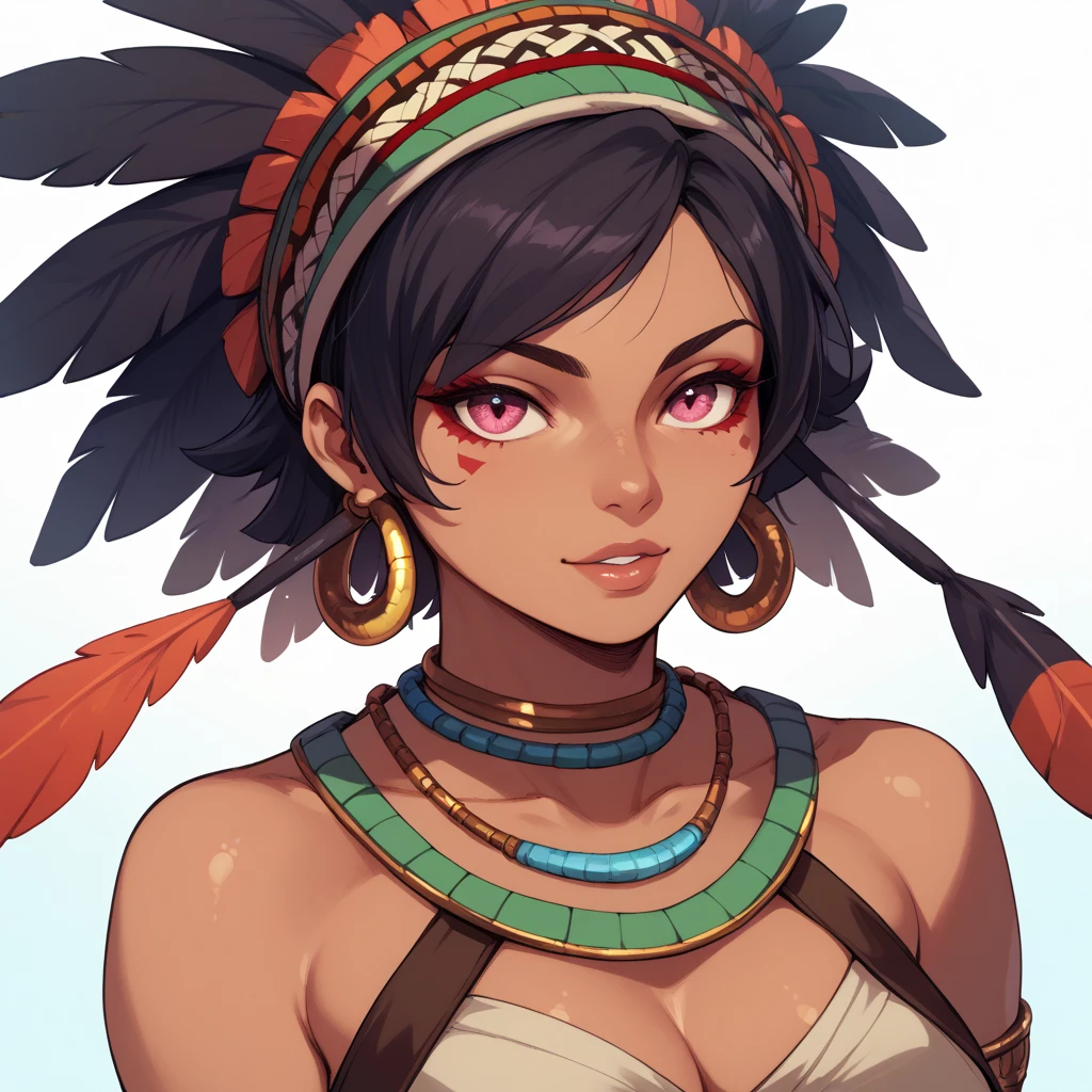 Aztec girl with short hair and pink eyes with a plume on her head and with six coats surrounded by a mystical snake with feathers