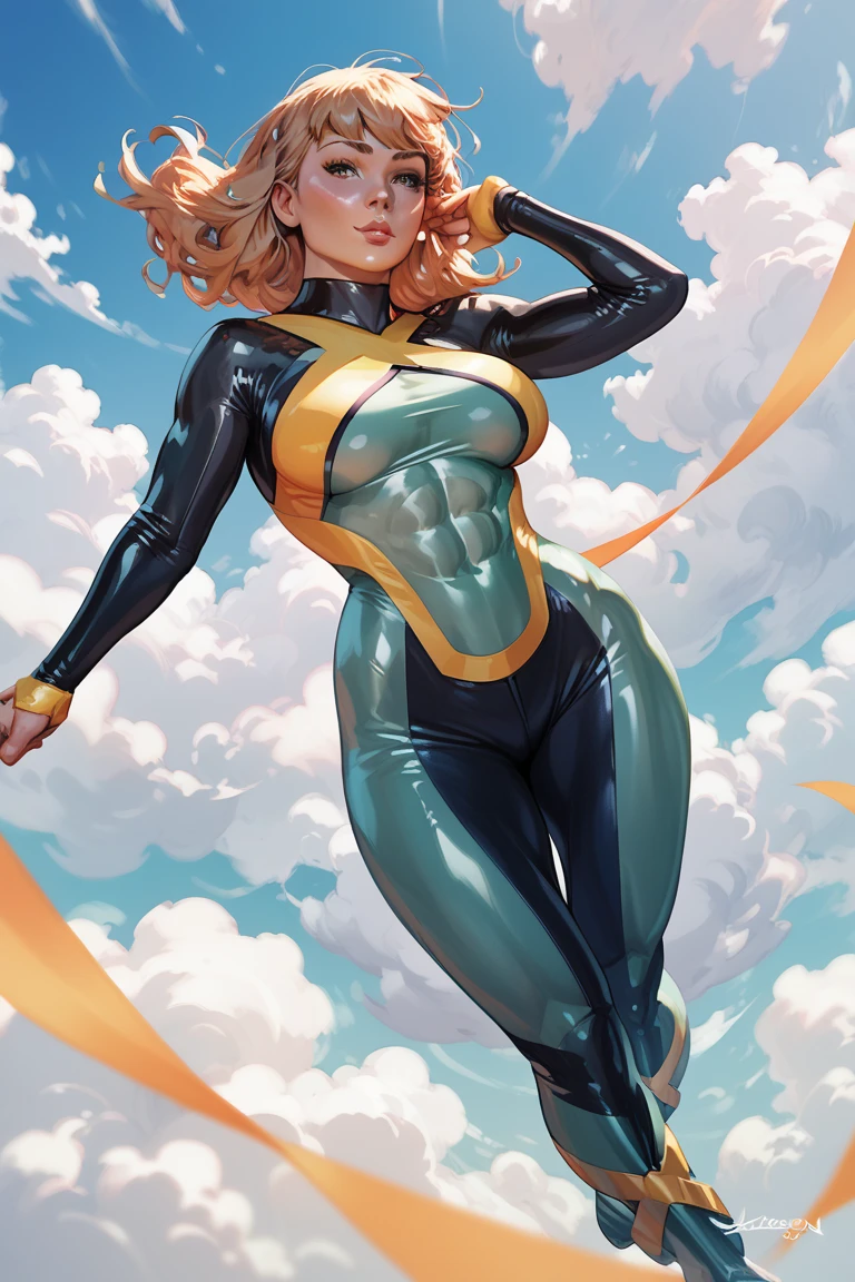 Jean grey, tight suit,flying in the clouds,detailled abs,big breast,