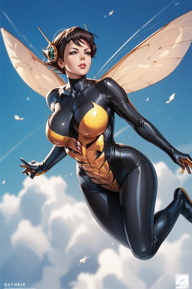 The wasp, classic black suit, tight suit,flying,detailled abs,big breast