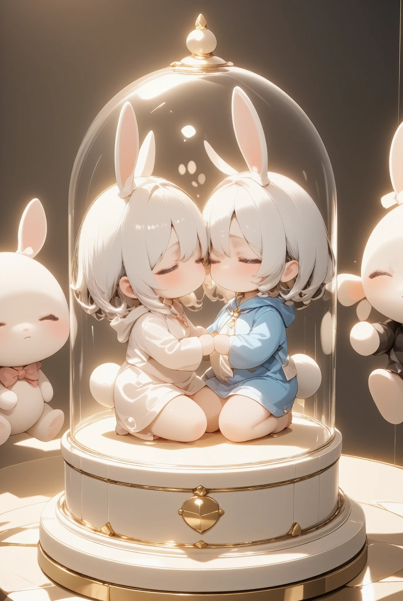 There is a kissing rabbit doll inside a dome-shaped transparent plastic case.trk