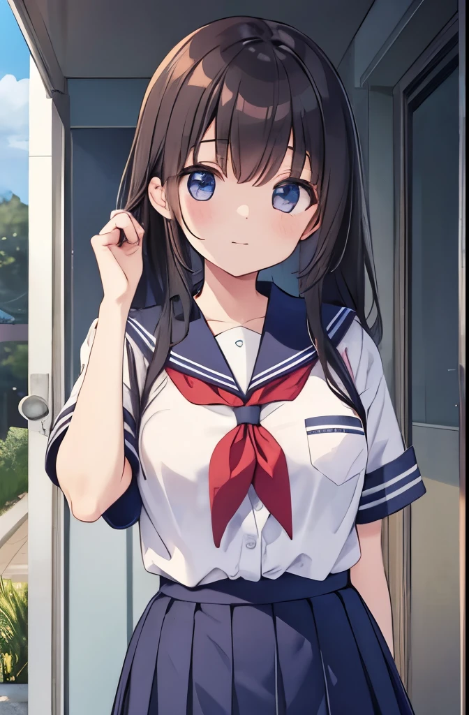 master piece,detailed,(((best quality))),megami magazine,[[[[medium breasts]]]] ,(((li))),(((cute))),((((petite)))),looking at viewer,school uniform,from behind