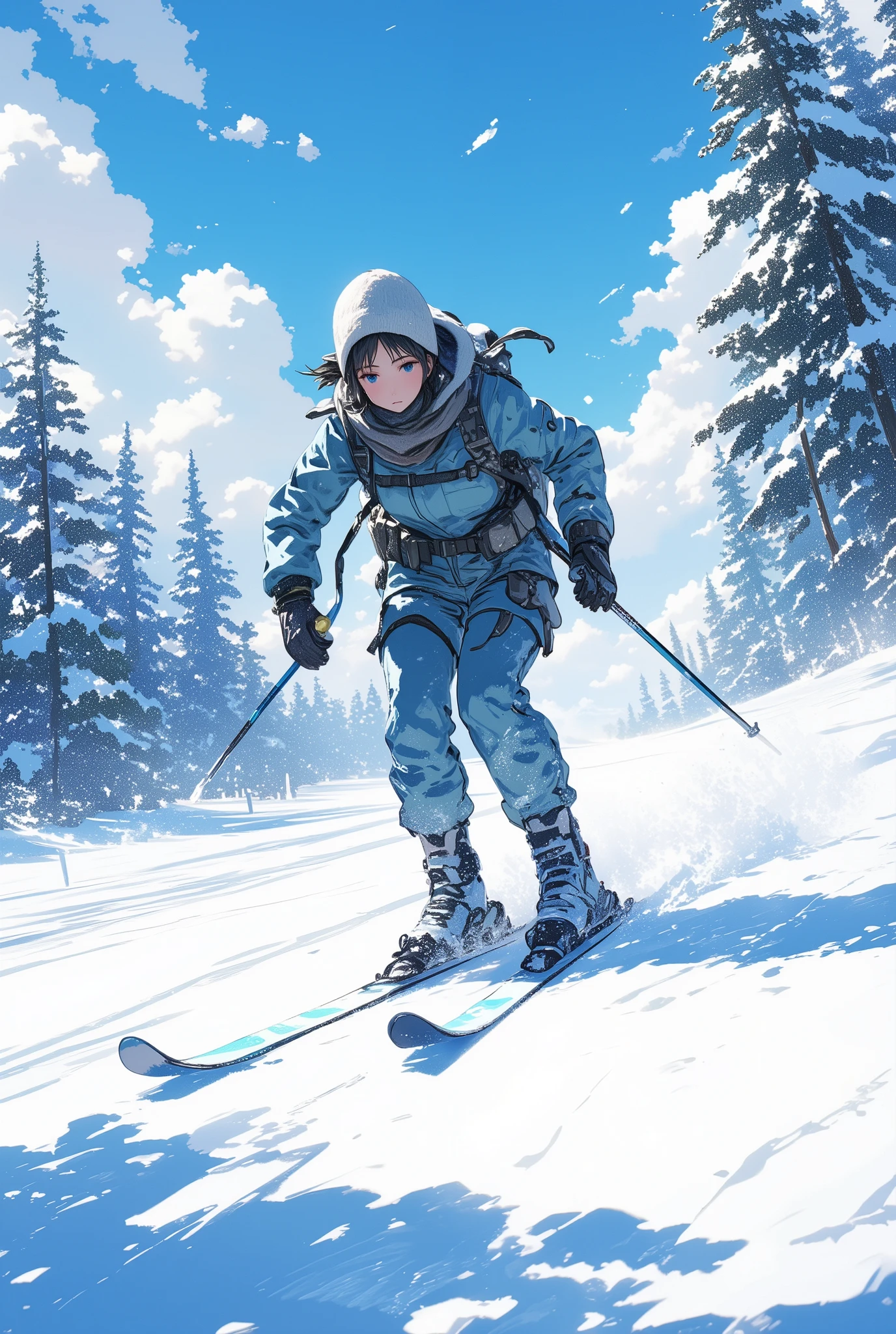 Upshot of a girl skiing in the snow, Nordic skiing, 