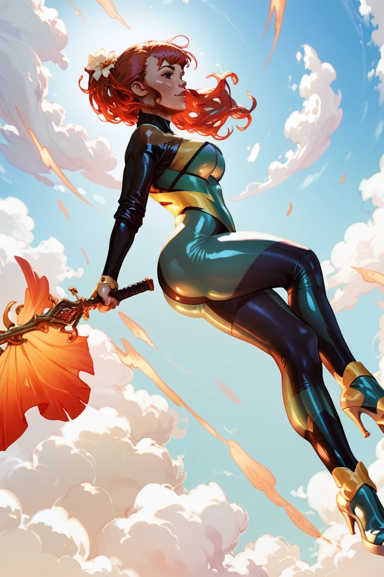 Jean grey, tight suit,flying in the clouds,detailled abs,big breast,red hair,ass,massive tights