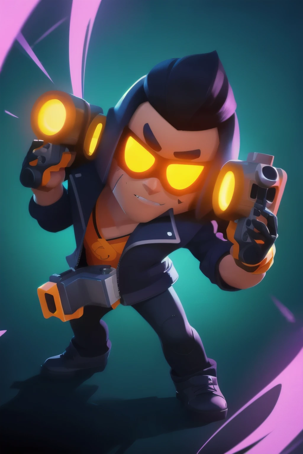 a full body close up of a person holding a gun and a flashlight, (a metalhead guy on heavy metal background, in brawl stars style) , brawl stars, splash art brawlstars, epic art style, blaster fire bright as neon, game character, in game style 8k, merged character, fortnite art style, stylized character, holding a blaster, slick clammy skin, clash royal style characters, mobile game style, new character