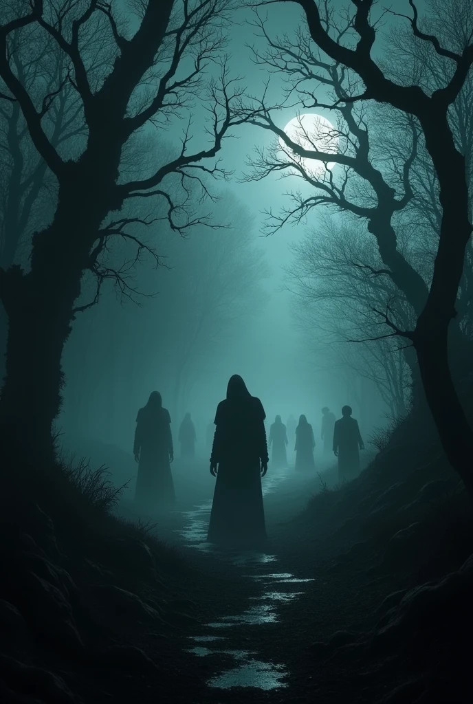 The scene is drenched in a hauntingly dark and mysterious ambiance ...