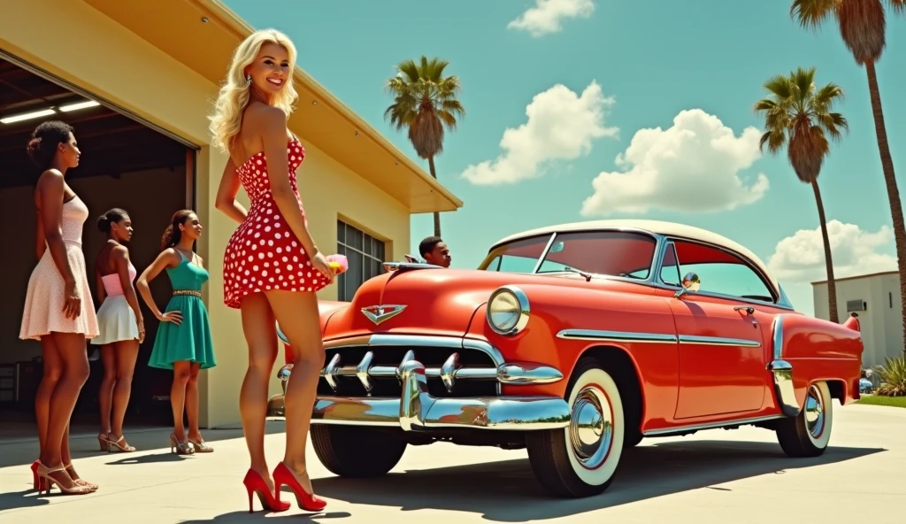 ((A realistic photo of a 1952 Dodge Kingsway Custom)),British Racing Green color with chrome mag wheels, parked at a surf beach on a summers day, best quality, very hi definition, 8k, Surfboards and bikini Girls standing next to the car, a 1950s poster,
