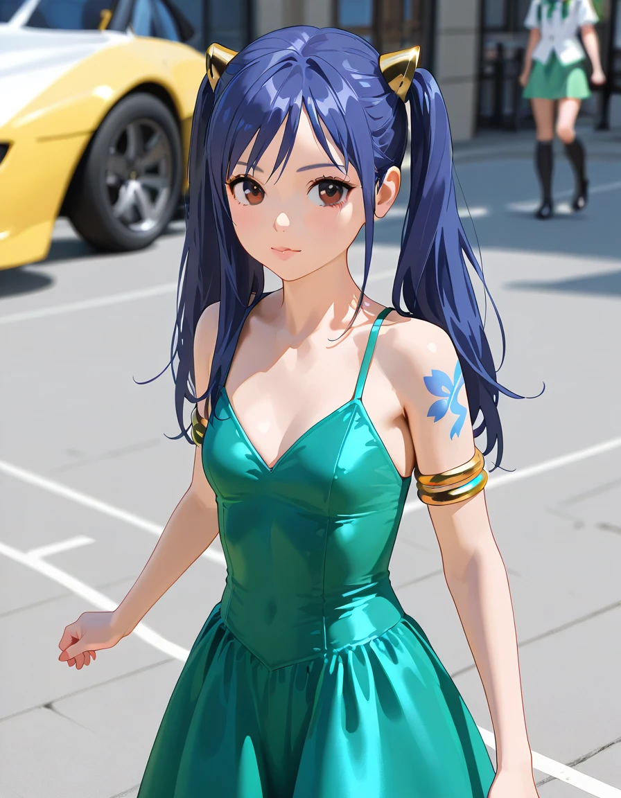  Super Realistic Pictures  ,  RAW photo ,  realism,  3d rendering , Unity Engine ,BREAK 1loli girl, 12yo, Wendy Marvel, Alone,  long hair,  hair accessories,  twin tails, ( brown eyes:1.2),  blue hair, Bare shoulders,  tattoo ,  armlet,  dress, GREEN  dress,