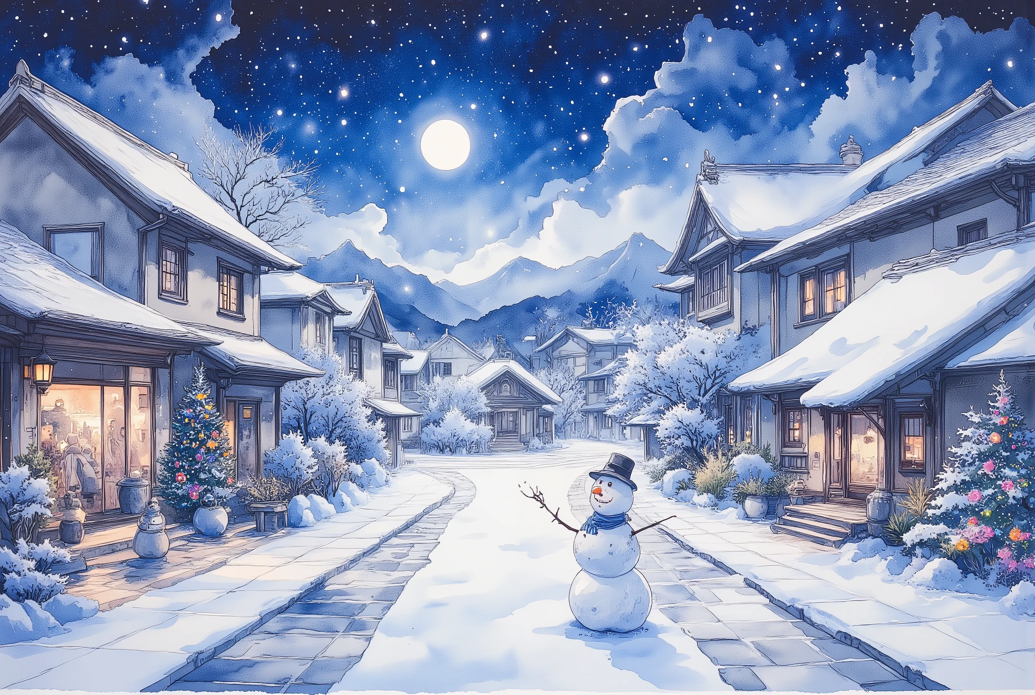 (masterpiece:1.2,Exceptional Quality,Mirror-like, movie-like experience, best illustration :2.0,Super detailed),8k,16k,wallpaper,( Christmas Winter Scenery :2.0),(Japan:2.0),(Shirakawa-go:2.0),(beautiful winter scenery:2.0),(Gassho-style Village:2.0),( Christmas tree:2.0),( snowman:2.0),(Streetscape decorated for Christmas),(Watercolor:2.0),( full of night sky :2.0)