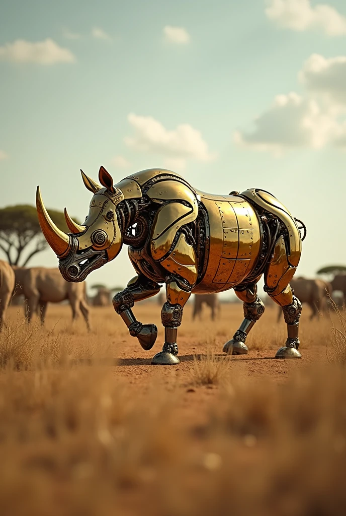 Elephant in gold transformers costume, running very fast in the desert at sunset