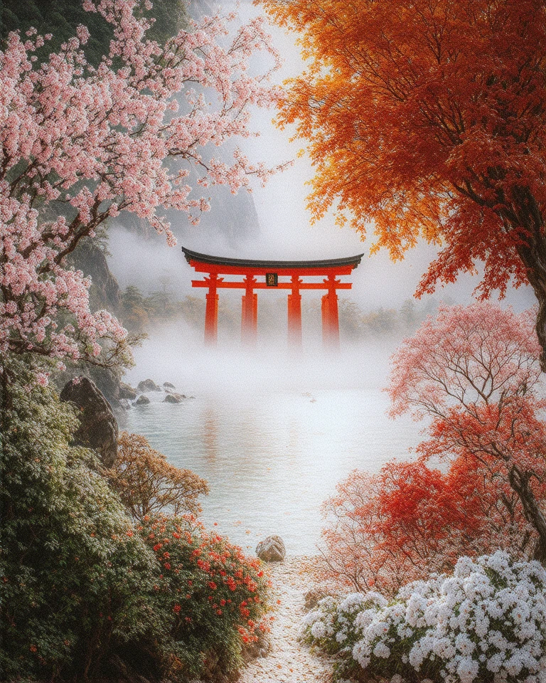 A captivating artwork combining the beauty of Japan's four seasons into a single image. The scene includes a serene Japanese garden with vibrant cherry blossoms representing spring, lush greenery for summer, fiery red and orange maple leaves symbolizing autumn, and a snowy white landscape for winter. In the center, a traditional Japanese torii gate stands as a timeless symbol, surrounded by a misty and harmonious atmosphere blending all seasons seamlessly. The style is intricate, with a touch of fantasy and realism, designed to appeal to an international audience.