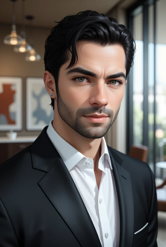 (masterpiece, photorealistic:1.3), an ultra-detailed close-up portrait of a handsome man with wavy, well-groomed black hair, a stylish single strand of hair falling on his forehead.| Charming and charismatic man with a captivating presence. He wears an elegant, well-cut suit that highlights his athletic figure and exudes an aura of sophistication and confidence. The suit is a classic dark tone with silk details that add a touch of luxury. He wears a silver watch and a bow tie, which complement his sophisticated look. | His hair is short and combed to the side, with a soft shine that reflects the light, creating an elegant effect. | His eyes are expressive and confident, conveying a mix of intelligence and charm, with well-defined eyebrows that frame his intense gaze. | Max is an ambitious and determined man, always seeking new challenges and opportunities. He is known for his intelligence and problem-solving skills, inspiring admiration and respect in everyone around him. | The scene takes place in a modern and elegant office, with large windows that allow natural light to enter, creating a professional and sophisticated atmosphere. The office is decorated with contemporary designer furniture and abstract works of art on the walls. | Large windows, natural light, designer furniture, artwork. | Modern, Elegant.