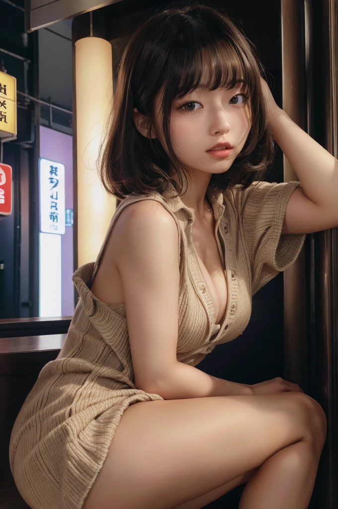 8k、highest quality、masterpiece、Super high resolution、picture、beautiful japanese woman(fun:1.1) 、grace、There are good ones、beautiful face、gradient lighting、1 girl、delicate skin、look far away、brown eyes、shortcut、Beautifully put together hairstyles、business fashion、short hair with bangs、watch、necklace、bracelet、big chest、realistic、Raw photo、(Pueros face_v1:0.5)、Contrast Trim Polo Neck Bodycon Dress、one piece、polo shirt style dress、Super mini length、the skirt is short、tote bag、Futomo、cotton clothes、mini dress、collared dress、sleeveless、No sleeve、tight、barefoot、cotton clothes、sleeveless、No sleeve、Do you need it?、Please look away、In front of the station、Yurakucho、night scene、near sky、over time、deep at night、midnight、pitch darkness、theme、lean、Look at this、big butt、big bust、A little chubby、big ass、chest to chest、feel、mouth is slightly open、brown clothes、big butt、Futomo、In front of the station at night、Ginza、