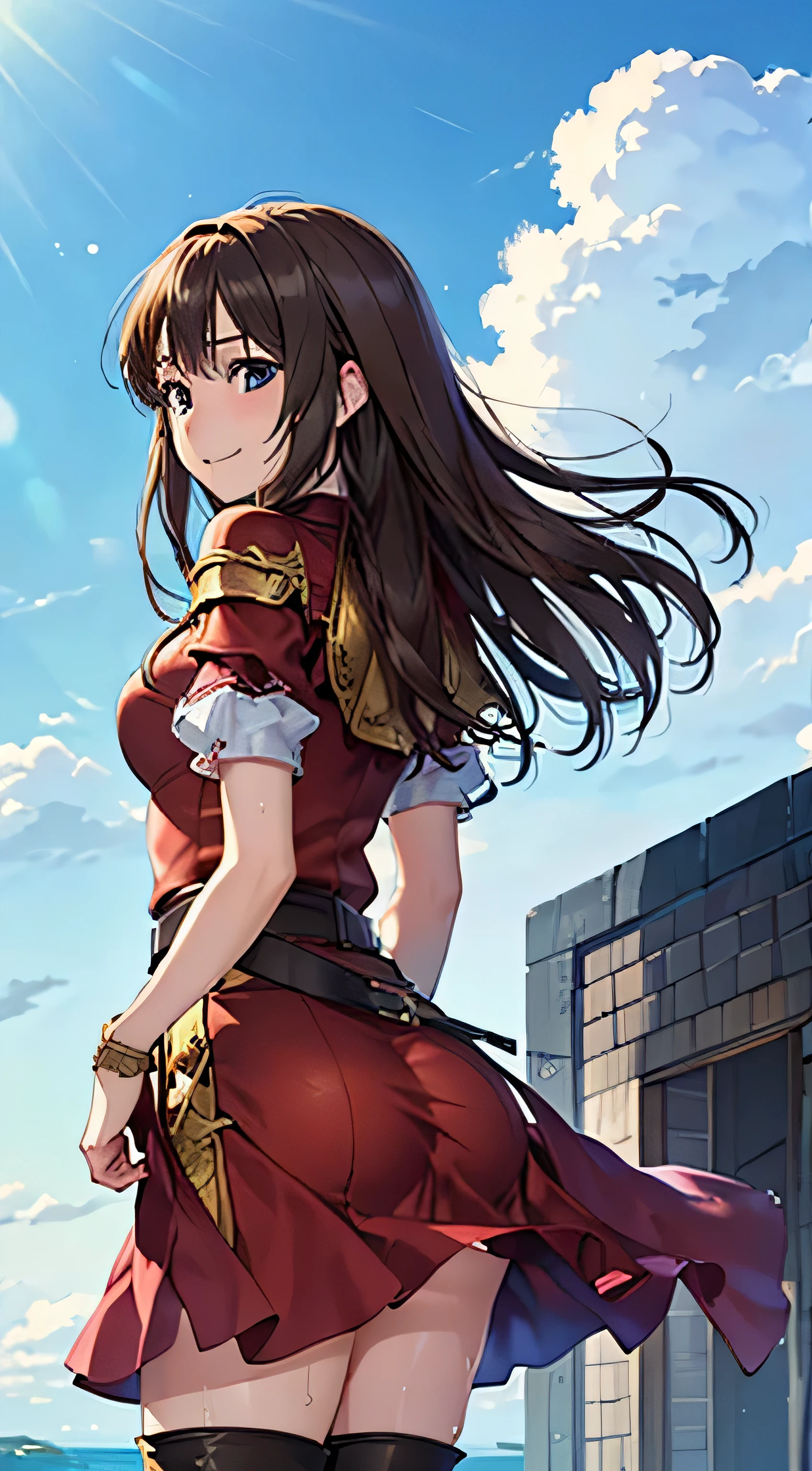 (( , top quality, , Pixel Perfect , 4K,))), 1 Woman , 、 (( medium wave hair 、, light brown hair 、 )), (( brown eyes , beautiful eyelashes , realistic eyes)), (( detailed face , )), (( smooth texture:0.75, realistic texture:0.65, realistic :1.1, anime CG style)), pose using medium bust , dynamic angle , perfect body , (( , ,, , , , wet red dress , red long flared skirt ,Gold Shoulder Armor 、 knee-high boots , gold and black arm guards , belt、 、)), ((( with no sense of incongruity , hold the skirt with your hand)))、 cross necklace 、 the wind is blowing 、 ( Vast Prairie )、I can see the sea in the distance 、、、 、 cute smile、(Bright Red Shy Smile ) 、 Stick Out Your Butt、、、、white and light blue lace panties) 、 lean forward、 angle from below