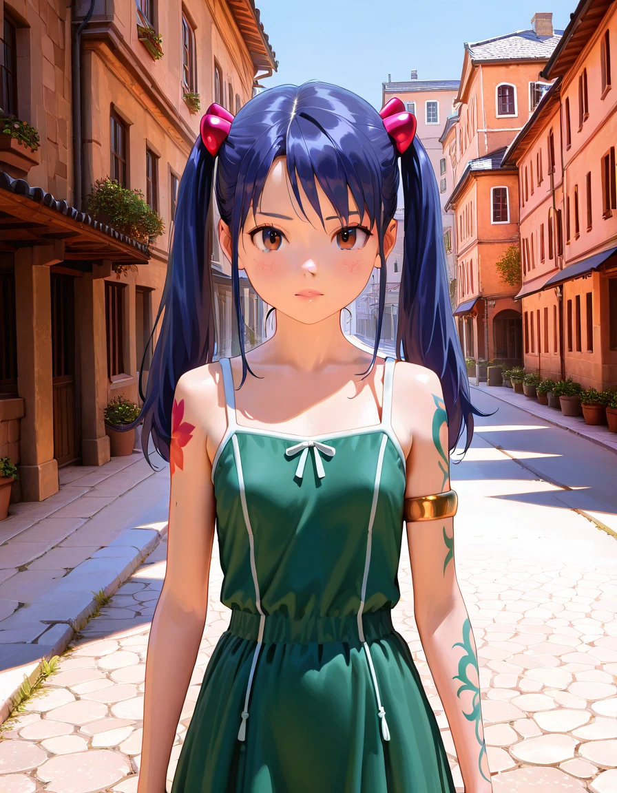  Super Realistic Pictures  ,  RAW photo ,  realism,  3d rendering , Unity Engine ,BREAK 1loli girl, 12yo, Wendy Marvel, Alone,  long hair,  hair accessories,  twin tails, ( brown eyes:1.2),  blue hair, Bare shoulders,  tattoo ,  armlet,  dress, GREEN  dress,