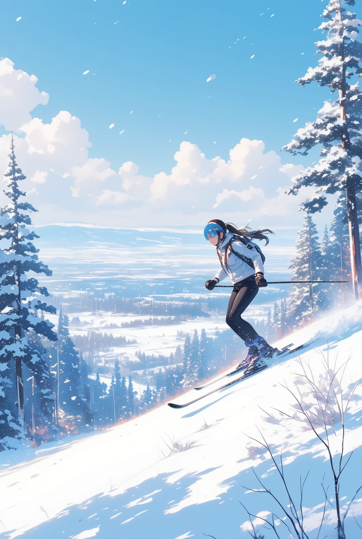 Upshot of a woman skiing down the slopes, Nordic skiing, 