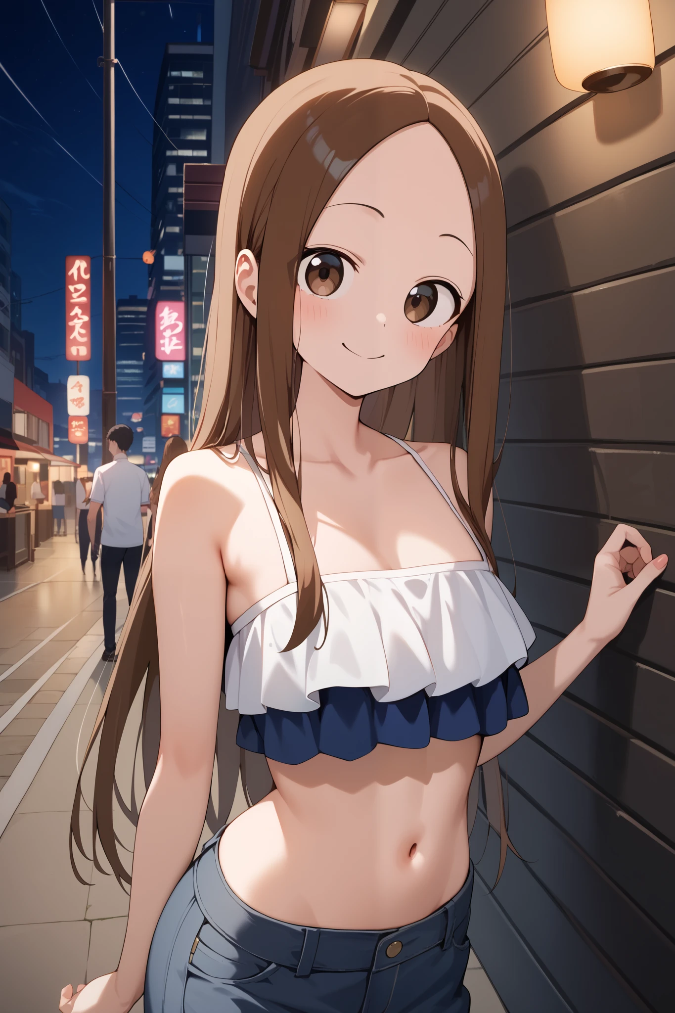 sayuogiwara, Sayu Ogiwara, brown hair, (brown eyes:1.5), medium hair,beautiful breasts, break ,{{outdoor}}, {{Walking through the bustling town}},{{main street}},{{Akihabara downtown}},{{congestion}},{{{surrounded by a crowd}}}, A tiny, see-through white lace bra,White lace sheer small panties, break looking at viewer, whole body, break{Japanese high school girl uniform},{{{{whole body}}}}, NSFW, （smile）、NSFW、 break (masterpiece:1.2), highest quality, High resolution, unity 8k wallpaper, Very detailed CG, (perfect hands, perfect anatomy),