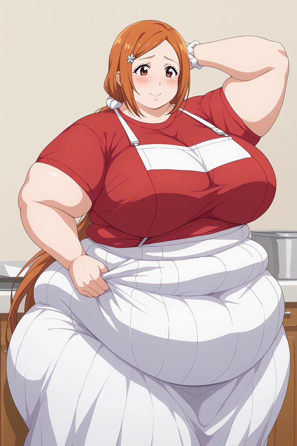 inoue orihime, Orihime Inoue,  long hair,  orange hair, (brown eyes),low ponytail, I'm tying my hair in one at the back, (( pink long skirt)),((Red T-shirt)),blouse, (( white apron,White scrunchie,  score_9,  score_8_ up,  score_7_ up,  score_6_ up,  score_5_ up,  score_4_ up,  Masterpiece ,  top quality , Very aesthetic,   absurd,  Source_Anime, Anime screencap 一人の女性、Alone、 personal 、Super huge breasts, ((( super huge clevis 、Super huge, Super huge boob))),Curvy、 Wide Hips、 embarrassed expression、 indoor、Fat body,  in her 20s,  obese , chybby, weight gain ,  embarrassing expression ,  sloppy stomach、blush, Mature Woman, milf, Fat face, double chin ,  troubled expression, Married Woman, 40 years old