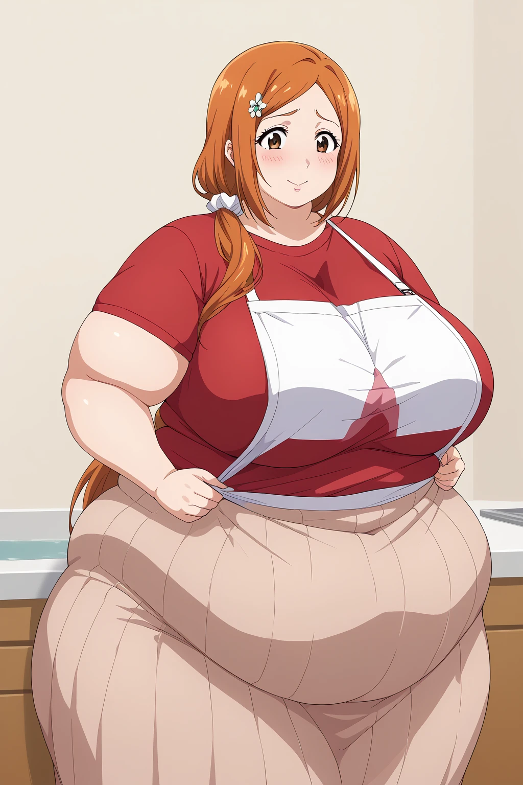 inoue orihime, Orihime Inoue,  long hair,  orange hair, (brown eyes),low ponytail, I'm tying my hair in one at the back, (( pink long skirt)),((Red T-shirt)),blouse, (( white apron,White scrunchie,  score_9,  score_8_ up,  score_7_ up,  score_6_ up,  score_5_ up,  score_4_ up,  Masterpiece ,  top quality , Very aesthetic,   absurd,  Source_Anime, Anime screencap 一人の女性、Alone、 personal 、Super huge breasts, ((( super huge clevis 、Super huge, Super huge boob))),Curvy、 Wide Hips、 embarrassed expression、 indoor、Fat body,  in her 20s,  obese , chybby, weight gain ,  embarrassing expression ,  sloppy stomach、blush, Mature Woman, milf, Fat face, double chin ,  troubled expression, Married Woman, 40 years old