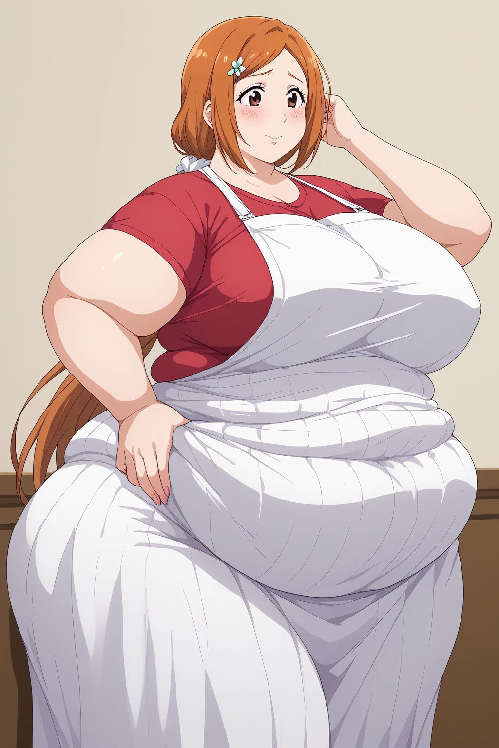 inoue orihime, Orihime Inoue,  long hair,  orange hair, (brown eyes),low ponytail, I'm tying my hair in one at the back, (( pink long skirt)),((Red T-shirt)),blouse, (( white apron,White scrunchie,  score_9,  score_8_ up,  score_7_ up,  score_6_ up,  score_5_ up,  score_4_ up,  Masterpiece ,  top quality , Very aesthetic,   absurd,  Source_Anime, Anime screencap 一人の女性、Alone、 personal 、Super huge breasts, ((( super huge clevis 、Super huge, Super huge boob))),Curvy、 Wide Hips、 embarrassed expression、 indoor、Fat body,  in her 20s,  obese , chybby, weight gain ,  embarrassing expression ,  sloppy stomach、blush, Mature Woman, milf, Fat face, double chin ,  troubled expression, Married Woman, 40 years old