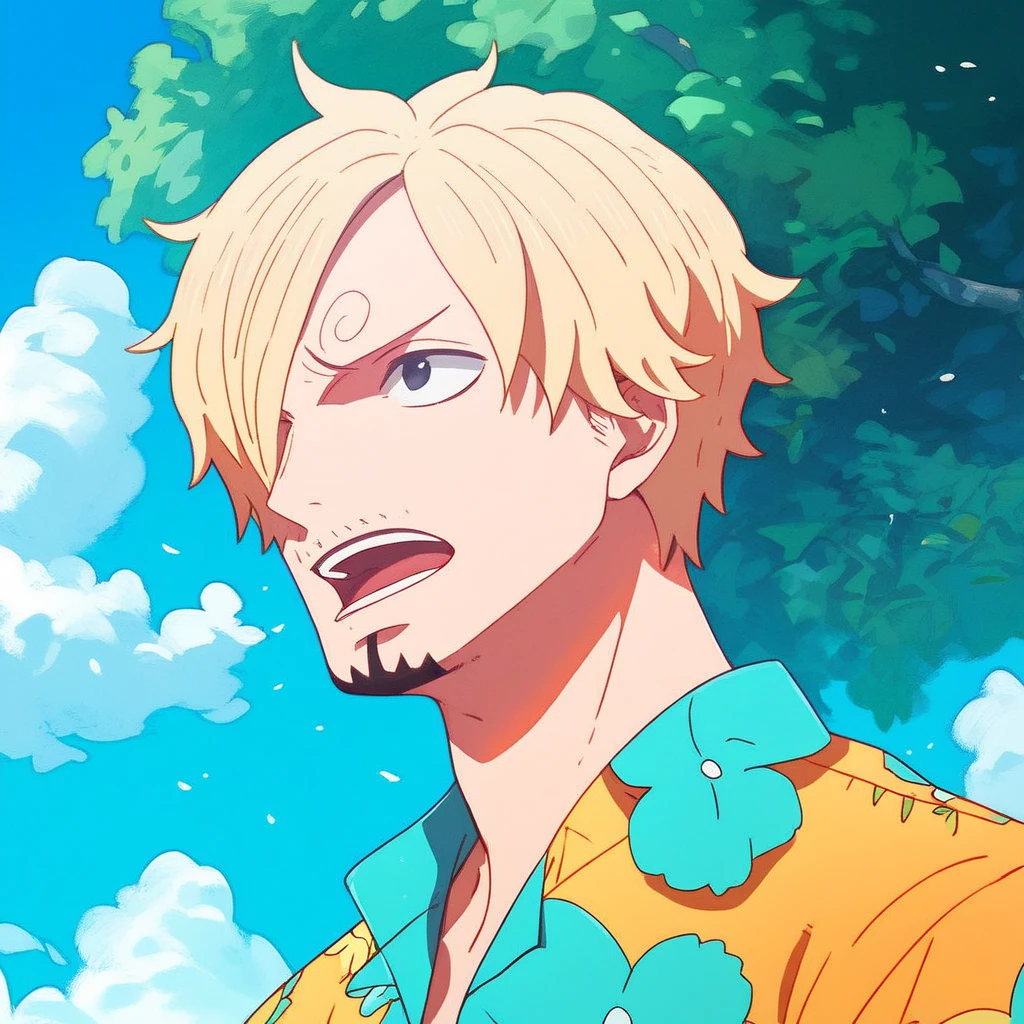 sanji, Alone,  open your mouth, shirt, 1 ,  upper body,  male focus,  floral print shirt, hawaiian shirt, of 19, outdoors, day, trees, cloud, blue sky