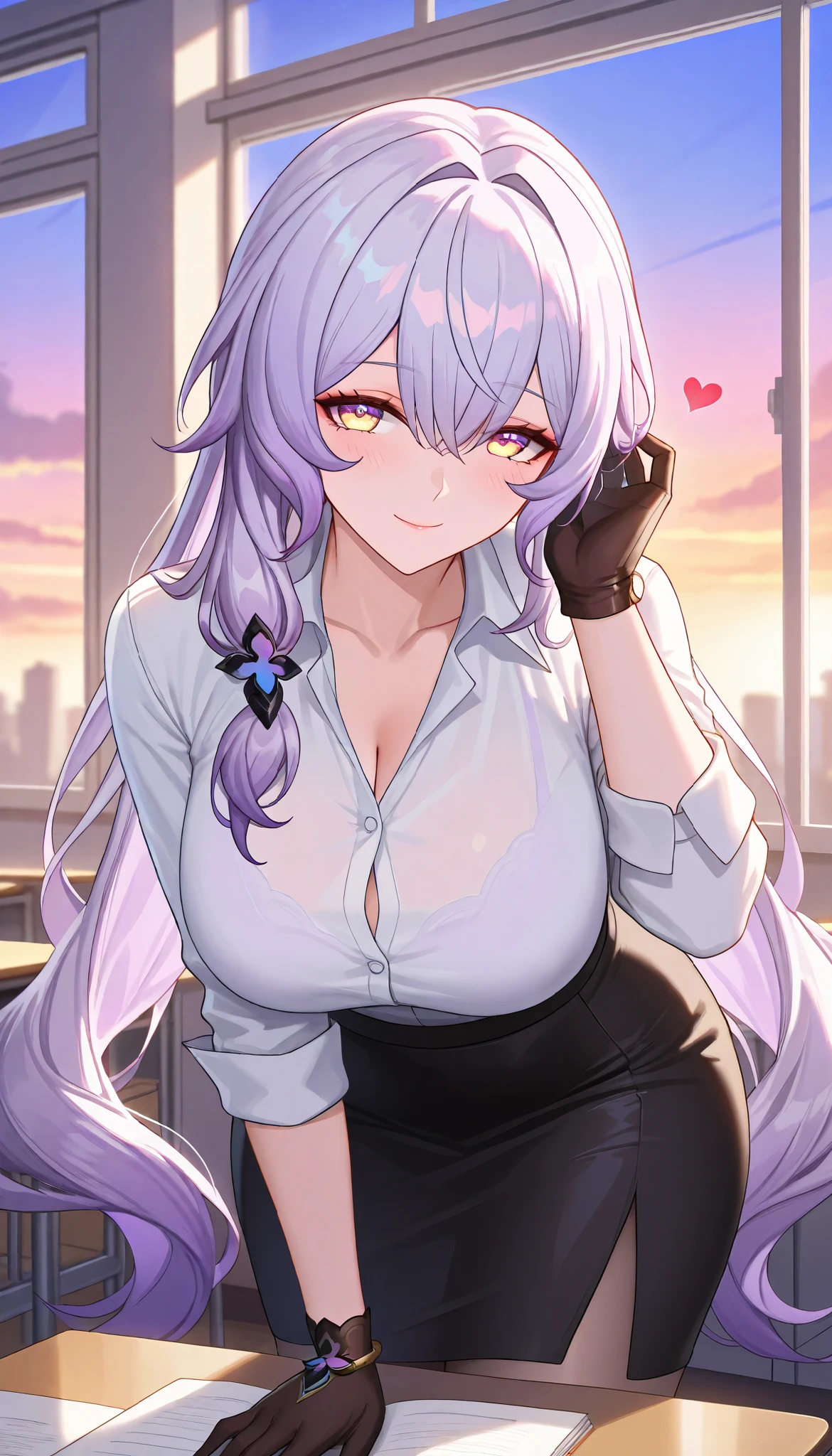 ultra-detailed,(best quality),((masterpiece)),(highres),original,extremely, 1girl, black swan,honkai  star rail, beautiful woman, teacher, beautiful body, mature,  yellow eyes, purple hair, large breasts, happy,smile, closed mouth, blush, in heat, blush, long hair,love, heart, teacher costume, white shirt, black skirt, lean forward, classroom, at dusk, window, love, sexy pose, adjusting the hair, showing ear, gloves, looking at viewer,