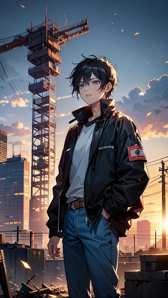 “A 35-year-old Japanese man with short, neatly kept black hair, wearing a work jacket and jeans, standing on a construction site. His expression is serious and determined, as he looks into the distance. Behind him are piles of rubble and metal scaffolding, with the city skyline in the background. The scene is dimly lit, with the sun setting, casting a warm but tense atmosphere. Dust is floating in the air.”