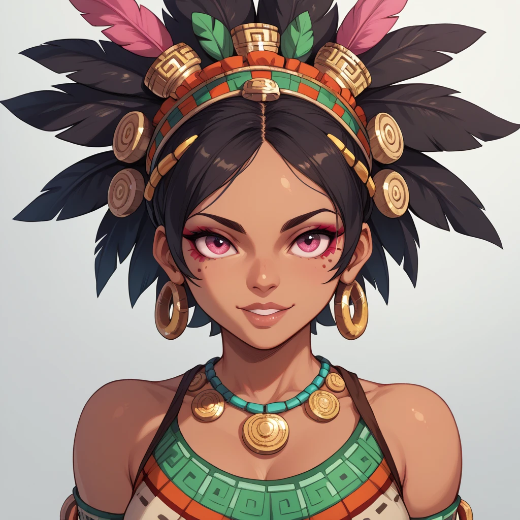 Aztec girl with short hair and pink eyes with a plume on her head and with six coats of arms