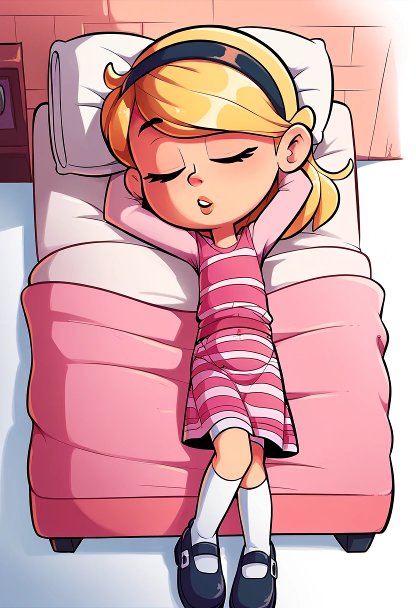 full body, solo, PennyPeterson, 1girl, solo, blonde hair, blue eyes, hairband, pink dress, striped dress, white socks, mary janes, sleeping, straight on, belly down, ryona, Head down, eyes closed, ((Bedroom)), 