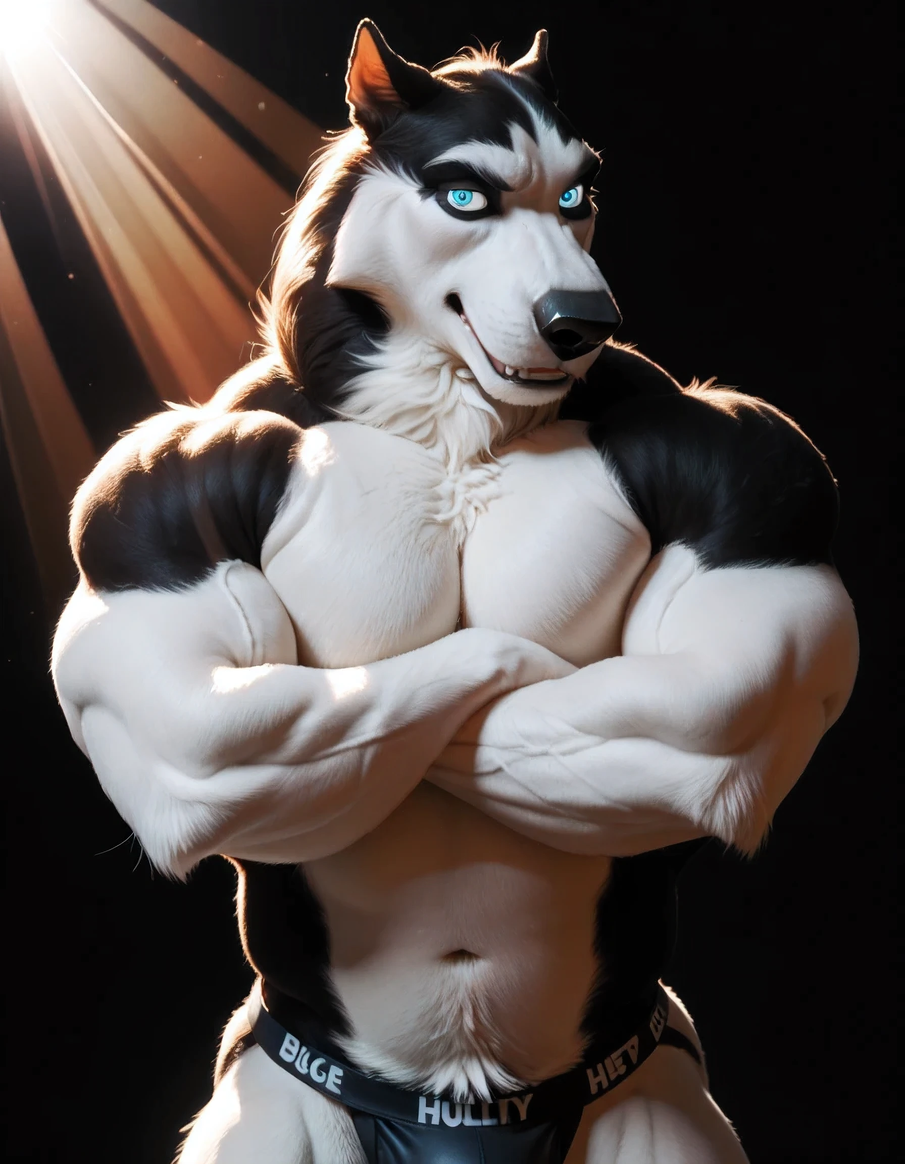 Steele, Alaskan Malamute, Collar, ice blue eyes, simple background, detailed, (((heavyweight, muscular, very muscular, bulging muscles))), shiny fur, furry body, anthro body, tail, white fur and black fur, jockstrap, front view, ((arms crossed)), proud, confident, stern face, ((((backlight, dark background, dark, lightrays, light rays, intense lighting, dark shading, bright eyes))))