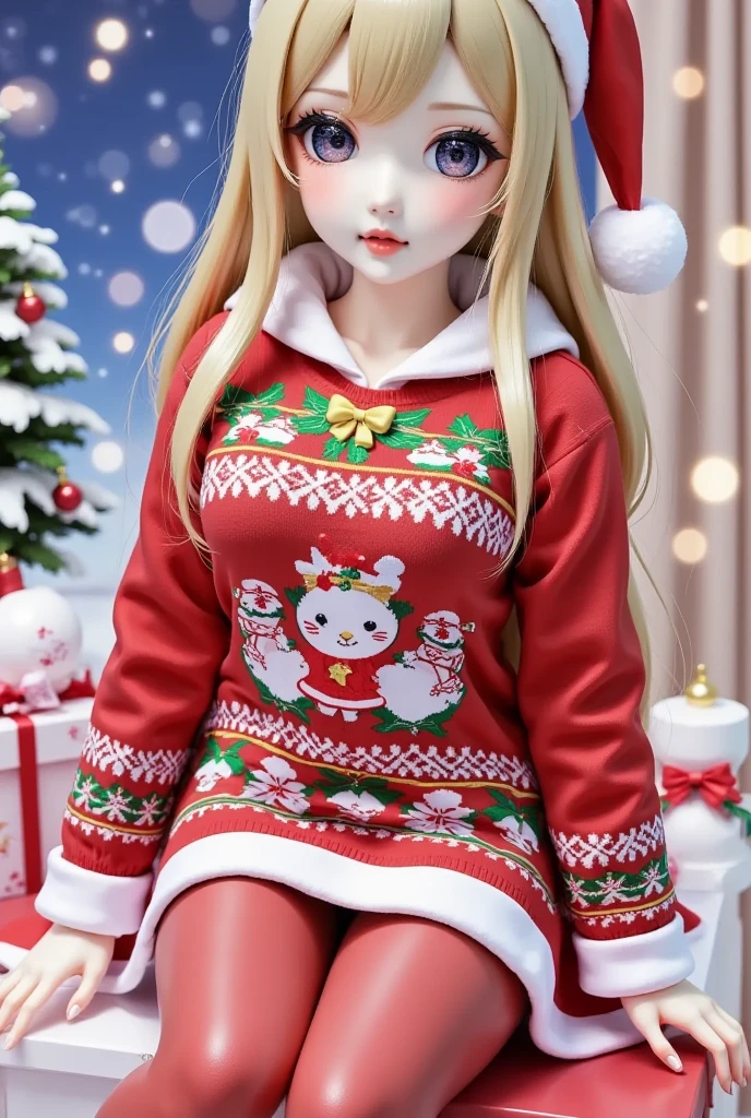 artist: wlop,artist:chen_bin,[[artist:ke-ta]], artist: hitenkei,[[artist: sheya]],good work, (best quality), illustration, depth of field, (color),masterpiece,best quality,petite,cute,, (scenery, volumetric lighting), Christmas sweater,Christmas, dress, no shoes, red pantyhose ,santa_hat ,solo,sitting, full body,