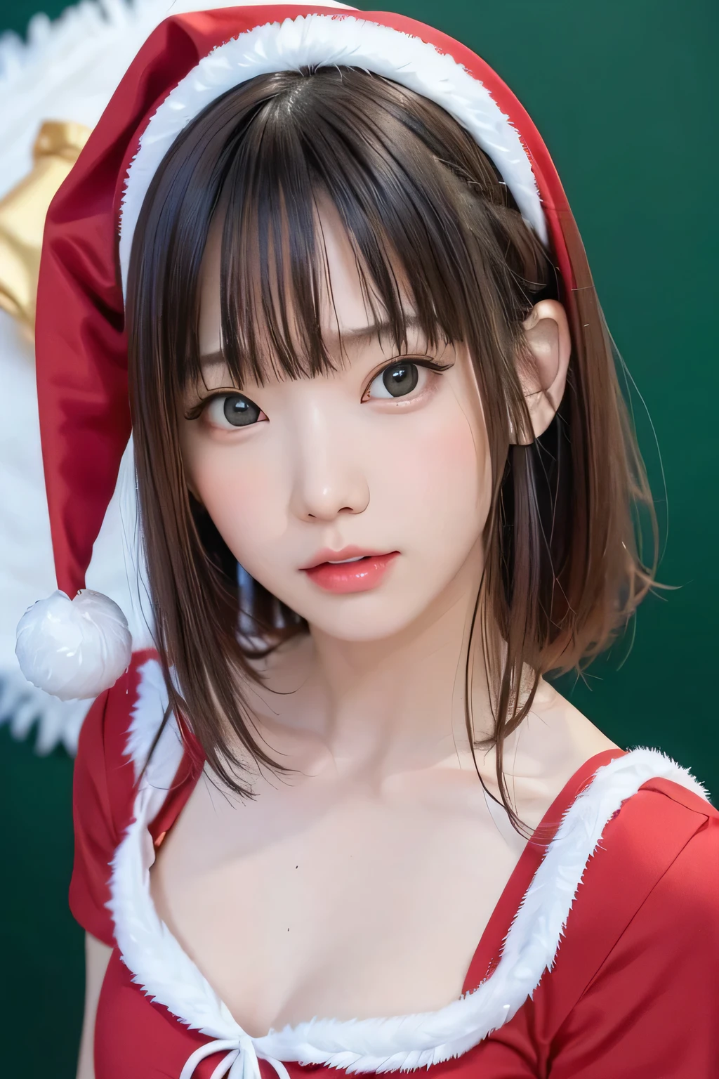 (masterpiece、 top quality 、 Super detailed description、 super high res)、(Face Shot:1.4)、 girl、solo、((small chest))、cute、 idol face、( realistic skin:1.2)、((Green background))、( Background Blur:1.3)、 red clothes、Front closure、( Santa Claus :1.1)