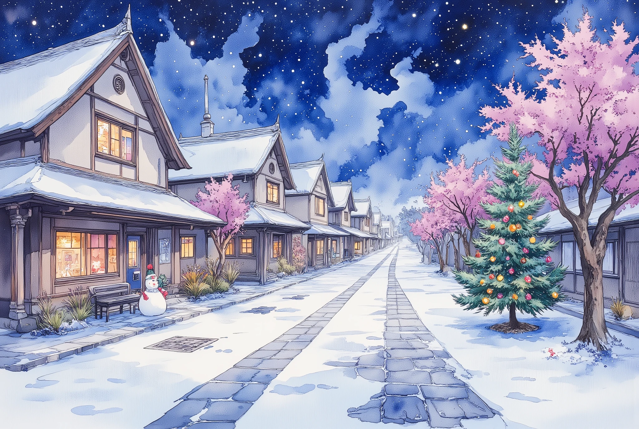 (masterpiece:1.2,Exceptional Quality,Mirror-like, movie-like experience, best illustration :2.0,Super detailed),8k,16k,wallpaper,( Christmas Winter Scenery :2.0),(Japan:2.0),(Shirakawa-go:2.0),(beautiful winter scenery:2.0),(Gassho-style Village:2.0),( Christmas tree:2.0),( snowman:2.0),(Streetscape decorated for Christmas),(Watercolor:2.0),( full of night sky :2.0)