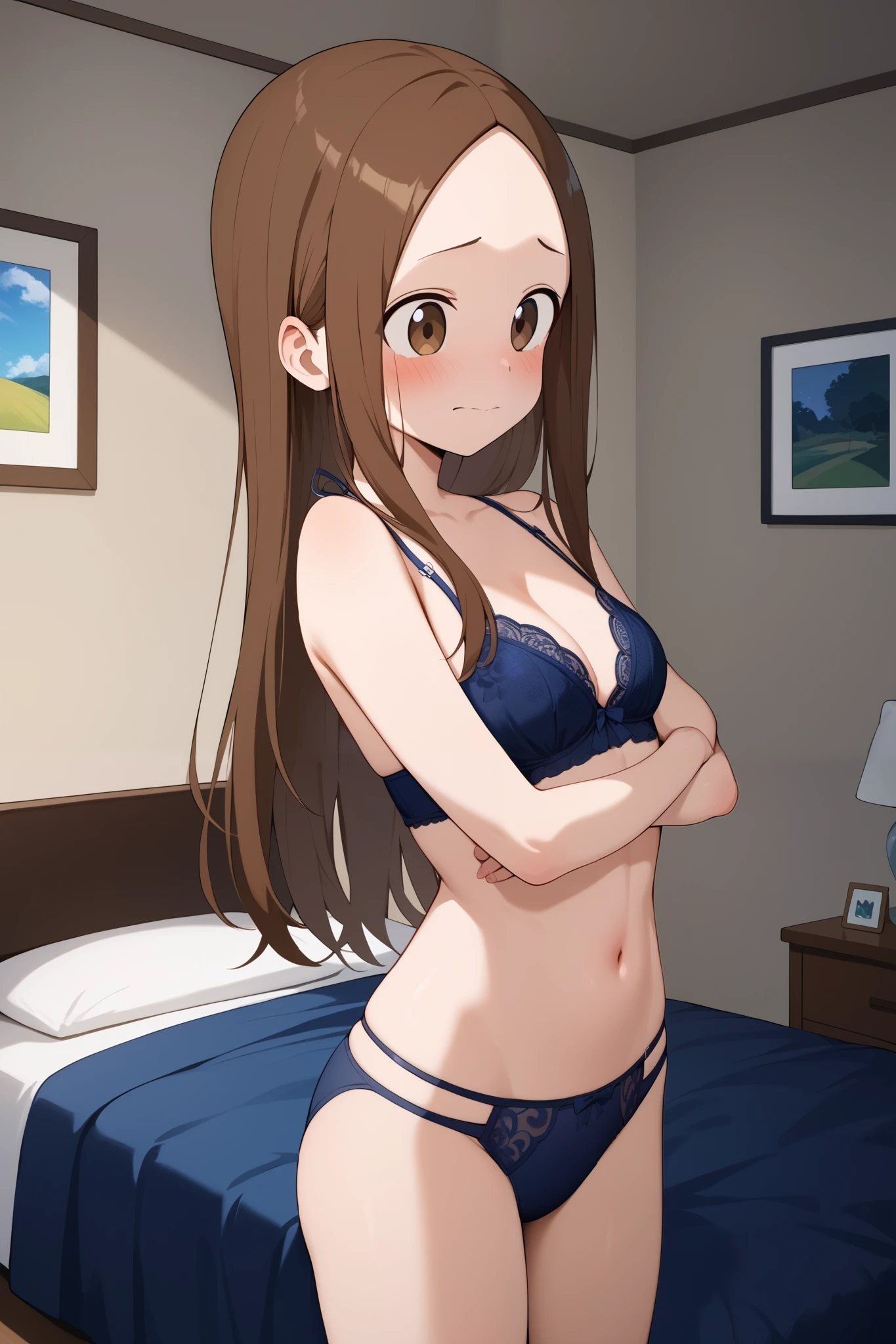 NSFW,masterpiece, top quality , high res, very detailed,Takagi\(からかい上手のTakagi\), long hair、Brown Hair、 split bangs,Forehead、clavicle, lingerie,first round,blush,Embarrassed,Turn away,Love Hotel at Night, bedroom