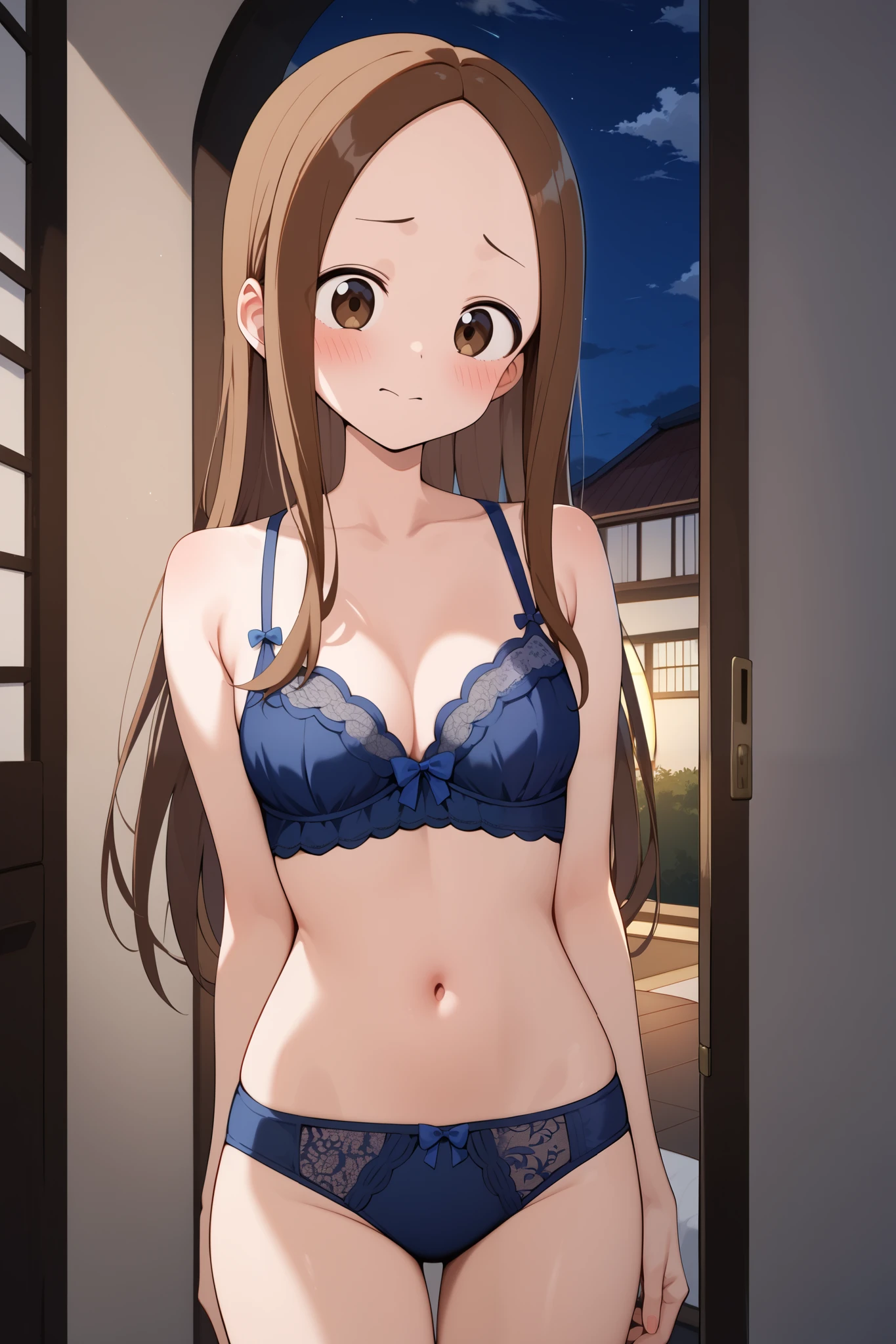 NSFW,masterpiece, top quality , high res, very detailed,Takagi\(からかい上手のTakagi\), long hair、Brown Hair、 split bangs,Forehead、clavicle, lingerie,first round,blush,Embarrassed,Turn away,Love Hotel at Night, bedroom