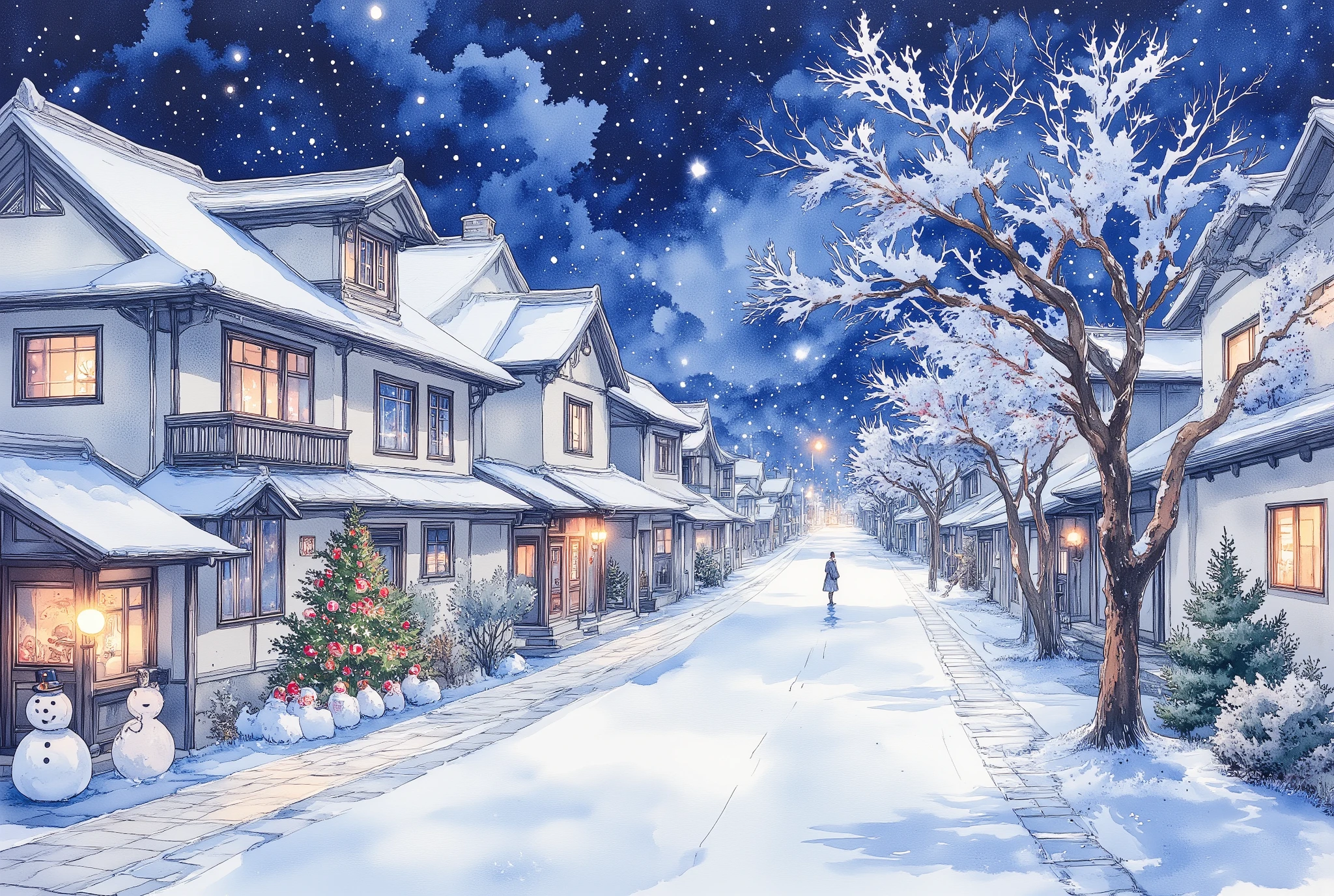 (masterpiece:1.2,Exceptional Quality,Mirror-like, movie-like experience, best illustration :2.0,Super detailed),8k,16k,wallpaper,( Christmas Winter Scenery :2.0),(Japan:2.0),(Shirakawa-go:2.0),(beautiful winter scenery:2.0),(Gassho-style Village:2.0),( Christmas tree:2.0),( snowman:2.0),(Streetscape decorated for Christmas),(Watercolor:2.0),( full of night sky :2.0),(Photo Frames:2.0)