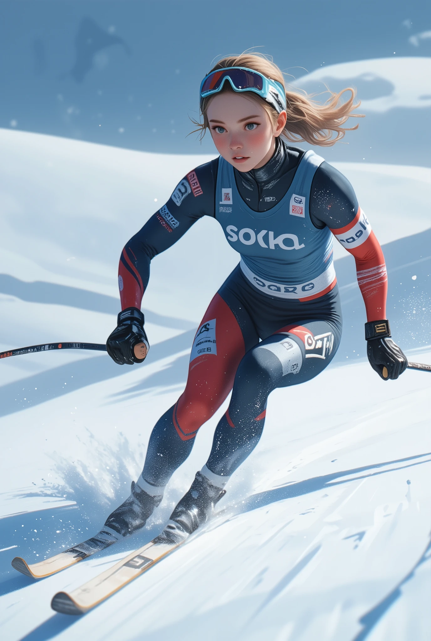 Close-up shot of a woman skiing down the slopes, Nordic skiing, 