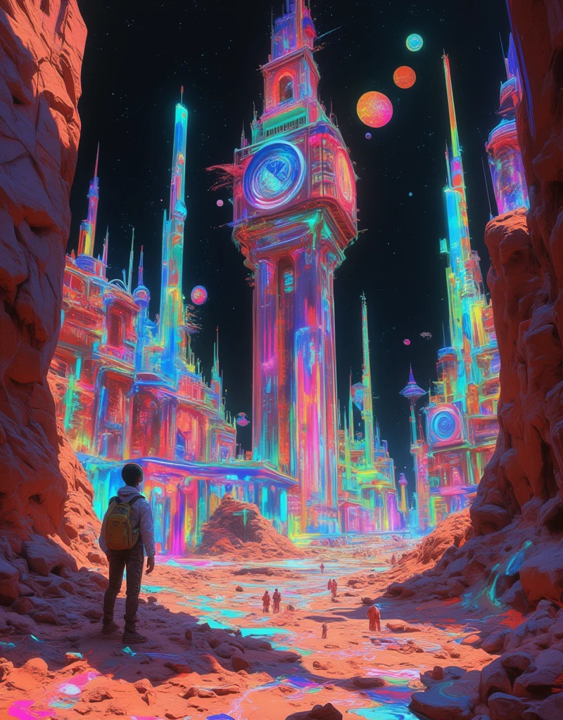 Ligne claire, Vincent Mahé art, Stylish graphic design, Graphic design-style layout and color sense, painting of a futuristic city with a clock tower and a clock tower, martian city, space opera and dystopian style, Ultra Wide Angle, glitch, Hutchison Effect