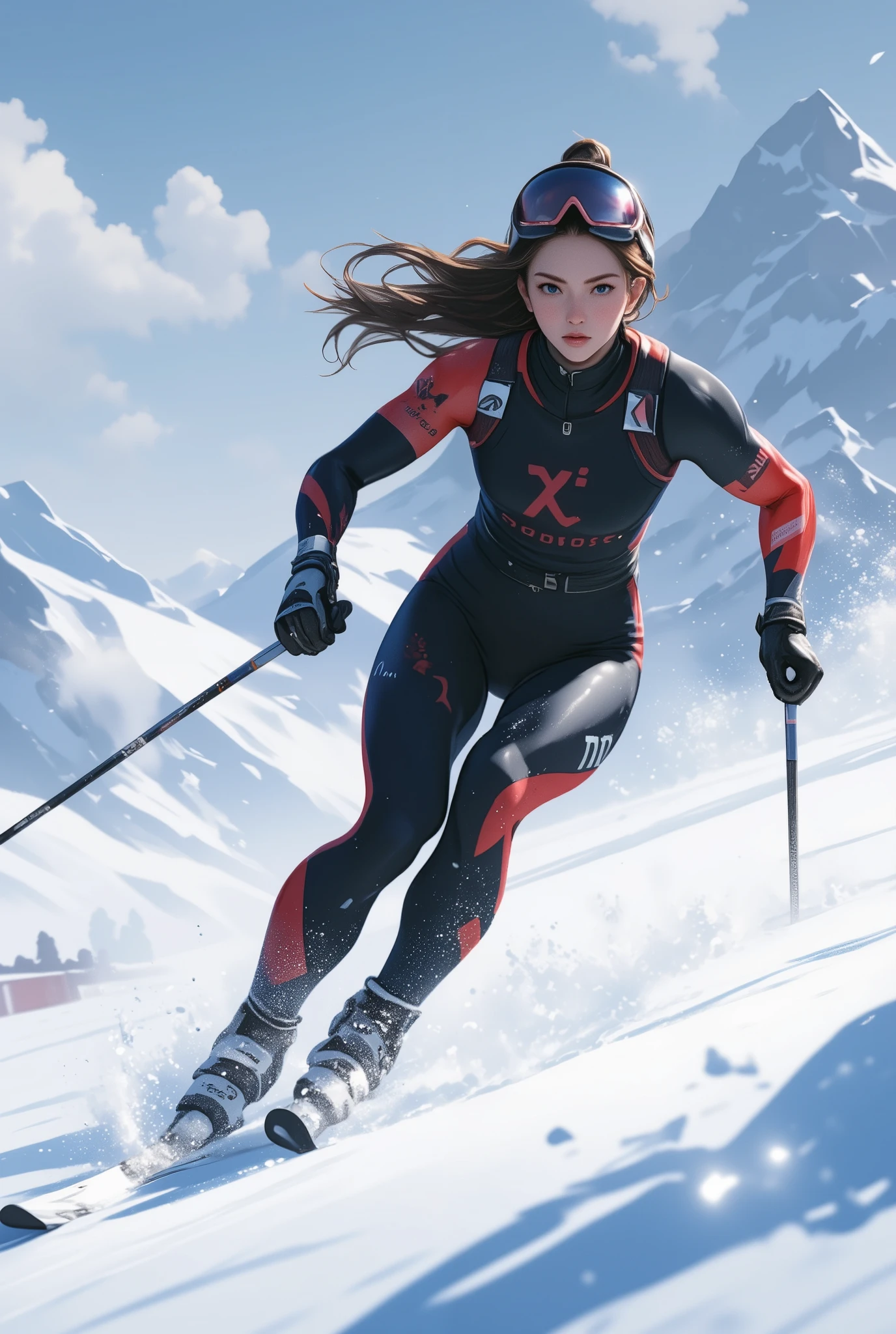 Close-up shot of a woman skiing down the slopes, Nordic skiing, 