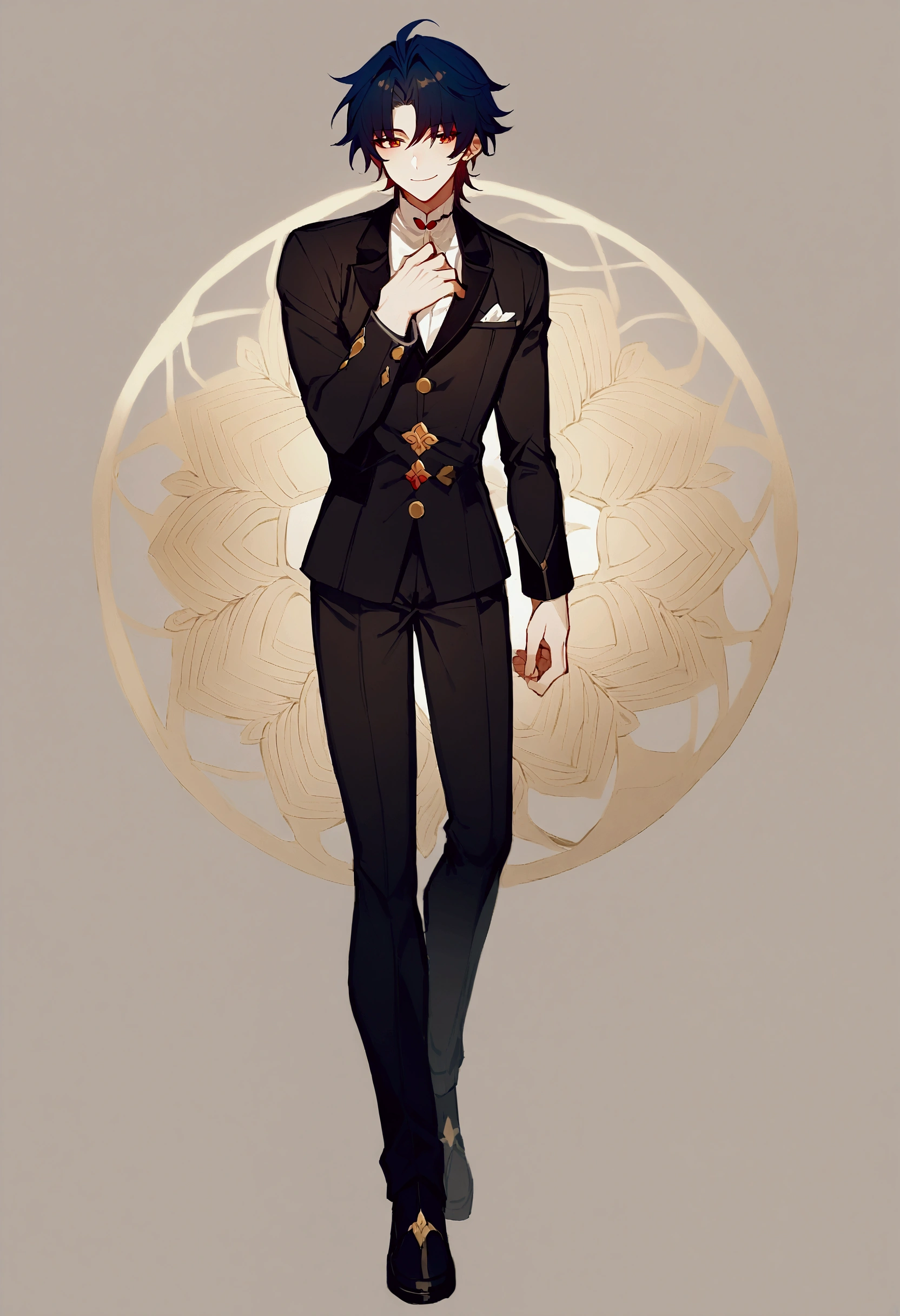 1boy,male,male character,Alone,alone,blade from honkai star rail,smiling, meigo, wearing a school uniform , full body