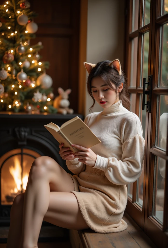 Cat ears、white thick turtleneck 、 beige fluffy flared skirt、reading、  attractive,desire, Obscene, Mature Woman, Captivating body lines , ((  fine facial features , makeup、 eroticism)),  Dramatic Lighting  ,  realistic , 8k, Cinematic Composition , dark moody vibe ,  Dramatic Shadows ,  intricate and elaborate patterns  ,  30 megapixel  ,   super detailed photo  ,  chiaroscuro lighting  ,   moody color palette  ,Pleasant colors ,  deep contrast  ,  super real 、 pink lipstick、 Sit on the edge of a window and read a book 、 warm room、 Christmas tree、Vintage Fireplace 、 full body view、Drawing composition、 cinematic composition、Focus on books 、 crosses legs、 seductive thighs